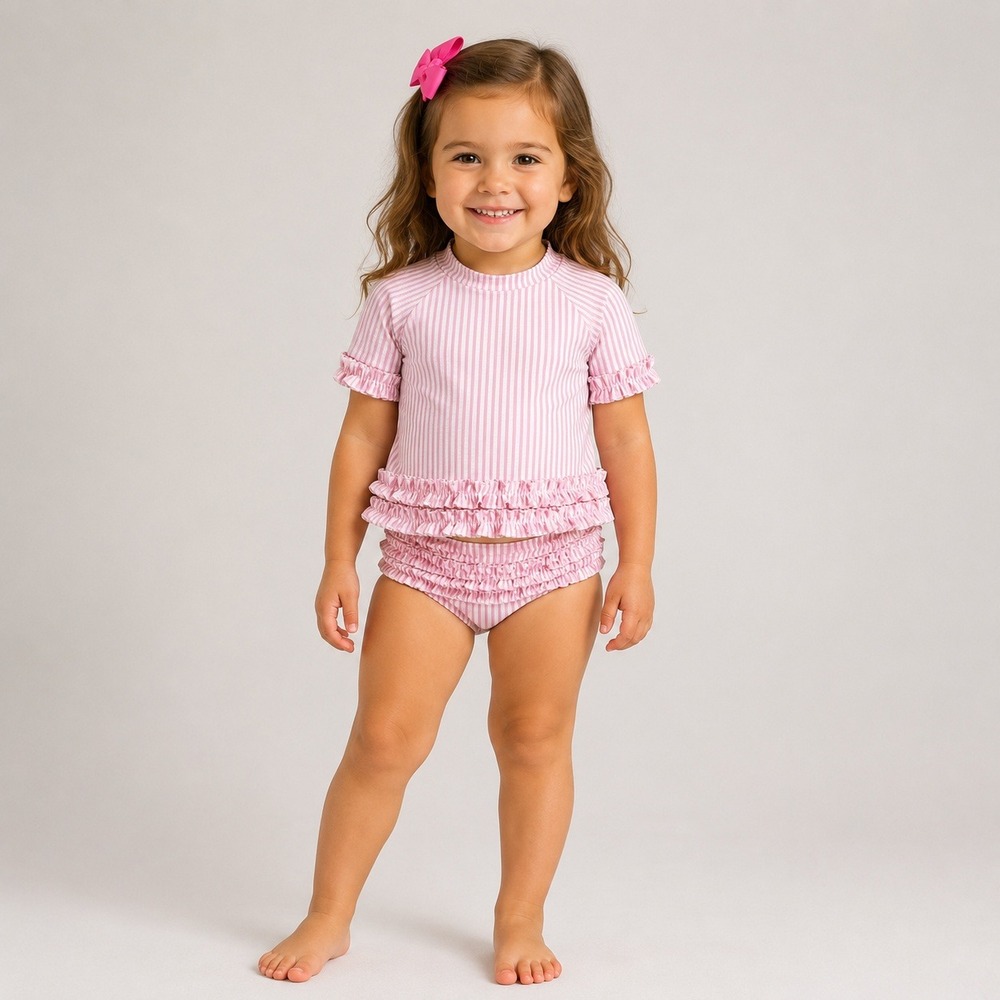 RuffleButts Girls Pink Seersucker Rash Guard Swim Set Ruffle Bottoms Size 3T